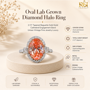 Oval Lab Grown Diamond Halo <b>Ring</b> | 2.0CT Tapered Baguette Solid <b>Gold</b> Cathedral Engagement Band Unisex <b>Vintage</b> Fine Jewelry - Product Image 5