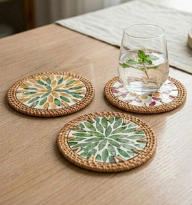 Handmade Creative Amazing Round Mother Of Pearl & Woven tea Coaster For Juice Glass Water Glass Mats & Pads In Sale - Product Image 5