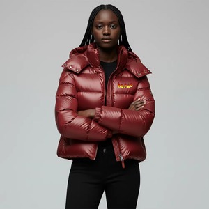 Doudoune matelassée personnalisée rouge pour femme, vêtements d'hiver décontractés, manteaux d'hiver tissés à capuche, matelassés, brillants, réversibles, en duvet, vente en gros - Product Image 2