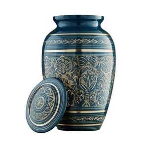 Traditional Ceramic Urn Blue Gold Floral Design Handmade Cylindrical Sympathy <b>Memorial</b> <b>Vase</b> Art Display Decor - Product Image 4