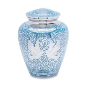 Decorative Metal Cremation Urn And <b>Vase</b> Engrave Leaf Bend Design And Flying Birds Blue Finish Memorial Adult Urns For Ashes - Product Image 4