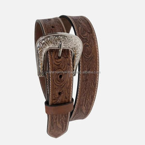 Cinturón de cuero genuino unisex hecho a mano y personalizado, con costuras blancas, estilo western, con hebilla de latón de diseño floral grabado. - Product Image 3