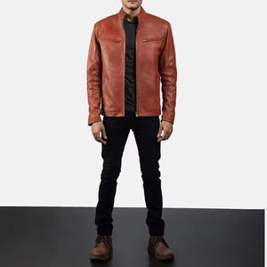 แจ็คเก็ตหนังแท้ทรงสลิมพรีเมียมสำหรับผู้ชายรุ่นใหม่ล่าสุด คอตั้ง ปรับแต่งวัสดุและสัมผัสได้ตามต้องการ - Product Image 6