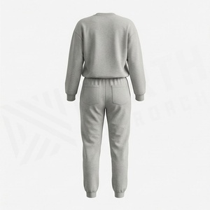 Women's Gray 2 Piece Sweatshirt and Jogger <b>Set</b> Crew Neck Full Sleeve Solid Color Casual Wear <b>Knitted</b> Cotton Print Design - Product Image 2