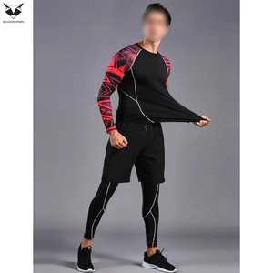 Conjunto deportivo de compresión de manga larga que absorbe la humedad, camiseta de cuello redondo y pantalones largos para hombre, conjunto de compresión de 2 piezas - Product Image 4
