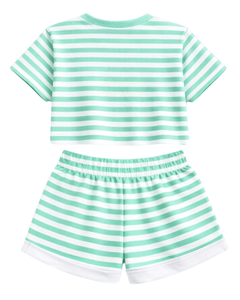 Ensemble crop top et short rayé vert menthe et blanc pour femme, tenue décontractée d'été deux pièces, taille élastique, vêtements de détente, streetwear, OEM - Product Image 4