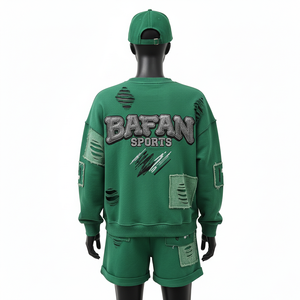 Ensemble sweat-shirt et short en coton brossé de haute qualité 100% coton et polyester, vert, avec logo brodé, pour femmes - Product Image 2