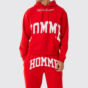 ชุดเซ็ตฮู้ดดี้และกางเกงวอร์มผ้าทวิลพิมพ์ลายตามสั่ง OEM ระบายอากาศได้ดี สไตล์โอเวอร์ไซส์ทรงบ็อกซี่ ตกแต่งด้วยผ้าปะติดและหมุด สำหรับผู้ชาย - Product Image 5