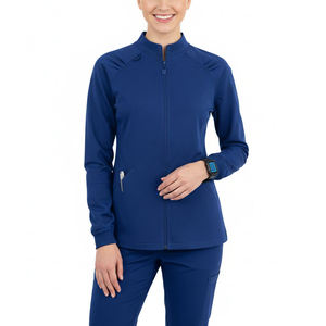 Veste d'infirmière sur mesure à prix de gros, coupe ajustée, fermeture éclair intégrale, haut de blouse médicale à manches longues avec épaules plissées - Product Image 1