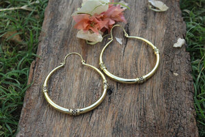 HARI OM CREATIONS Boucles d'oreilles créoles épaisses faites à la main, plaquées or rose, ornées de pierres naturelles, style tribal bohème, bijoux statement pour - Product Image 2