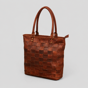 Handmade <b>Brown</b> Tote Bag Vintage Basket Weave Shoulder with Top Handle Zipper and Brass Rivets - Product Image 1