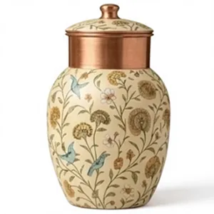 Floral Ceramic Jar With Copper Lid Eco-Friendly Home <b>Decor</b> Storage Container Luxury Ayurvedic Health Pitcher <b>Pastel</b> Printed Coat - Product Image 1