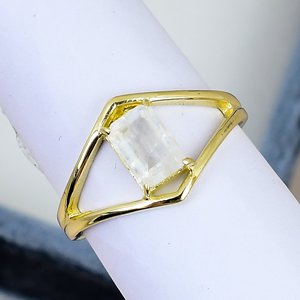 Emerald Cut Moonstone <b>Statement</b> <b>Ring</b> Solid 925 Sterling Silver Yellow Gold Plated Prong Set Geometric Band Minimalist <b>Women</b> <b>Ring</b> - Product Image 2