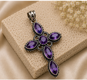 Natural Amethyst Cross Pendant, Sterling <b>Silver</b> Cross Necklace, Faceted Purple Amethyst Jewelry, February Birthstone Pendant, Re - Product Image 3