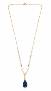 Collier personnalisé plaqué rhodium avec perle de culture d'eau douce en forme de goutte bleu saphir, chaîne en Y, bijou de luxe pour femme, idéal pour mariée - Product Image 2