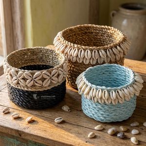Cesta de Almacenamiento de Fibra Natural con Adornos de Conchas de Cauri, Hecha a Mano, Ecológica, Organizador de Escritorio, Decoración Costera para Baño - Product Image 4