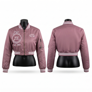 Blouson bomber à capuche pour femme, coupe courte, coupe-vent, hiver, 240 GSM, polyester sergé premium, bleu marine, broderie personnalisée, patch en chenille - Product Image 1