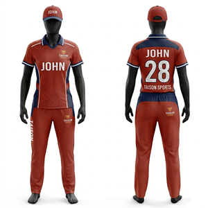 Conjunto de Uniforme de Cricket para Mujer, Tela de Poliéster de 165 GSM que Absorbe la Humedad, Diseño de Paneles Laterales Rojos y Azul Marino, Nombre y Número Personalizados Sublimados - Product Image 1