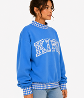 Sweat-shirt bleu oversize à col montant avec appliqué gingham brodé, style preppy, unisexe, pour l'automne