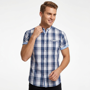 Chemise décontractée pour homme à manches courtes, rayures bleues et blanches, col rabattu, 100% coton, tissu Dobby, écologique, anti-plis, hiver - Product Image 2