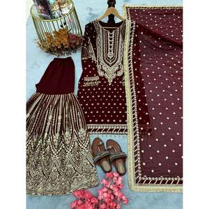 Ensemble haut et pantalon palazzo en faux georgette lourde de créateur avec dupatta, tenue de soirée en tissu chiffon - Product Image 3