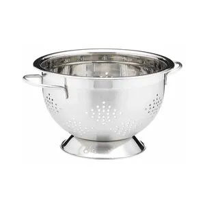 Large <b>stainless</b> <b>steel</b> <b>colander</b> with large holes for quick draining pasta and vegetables during daily kitchen cooking tasks - Product Image 6