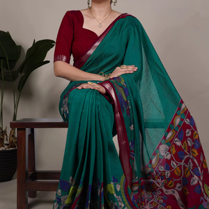 Sarees de Viscosa Chanderi, Colecciones para Bodas, Colecciones Festivas, Sarees Estampados al por Mayor, Sarees Chanderi Kalamkari - Product Image 1