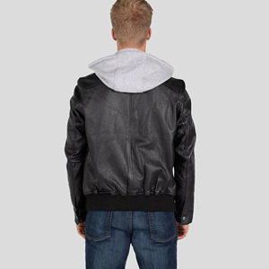 Veste en cuir noir pour homme avec capuche en tissu gris 2 en 1, veste à capuche streetwear superposée, coupe slim, manteau décontracté en peau de mouton - Product Image 4