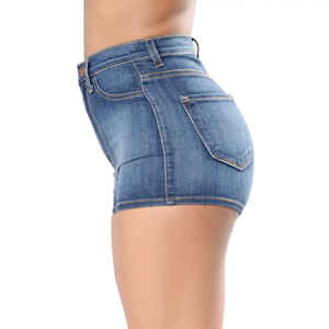 Nouvelle Arrivée Short en jean mini taille haute pour femme, effet ventre plat, avec revers en jean - Product Image 3