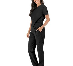 <b>Women</b> <b>Black</b> Scrub Set Short Sleeve <b>Pants</b> Cotton Polyester Knitted Breathable Comfortable Stretch Hospital Uniforms - Product Image 2