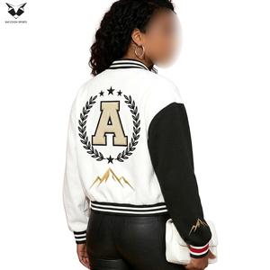 OEM ODM Women's Varsity <b>Jacket</b> Black White Contrast Color Full Sleeve Turn-down Collar Embroidered Letter A Logo Autumn Wear - Product Image 6