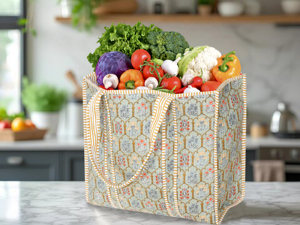 Handmade Lightweight Quilted Cotton <b>Tote</b> <b>Bag</b> Sage Green Mughal Floral Block Print Reversible Open Eco-Friendly <b>Summer</b> Autumn - Product Image 6