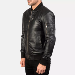 Chaqueta Bomber de Cuero Genuino para Hombre, Cuello Alto, Cierre de Cremallera, Corte Ajustado, Estilo Motociclista, Color Negro Sólido, para Otoño - Product Image 3