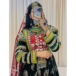 Vestido Formal de Novia para Mujer Tribal Afgana Kuchi, de Chifón, Acrílico y Cachemira, con Decoración de Encaje, Transpirable, Teñido Liso - Product Image 2