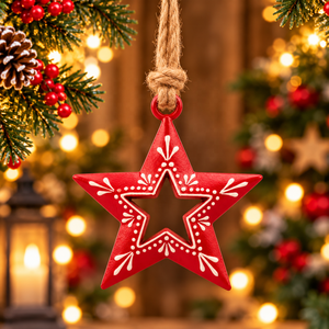 Five Point Star Metal Hanging Ornament with Cream Geometric <b>Artwork</b> Hollow Centre and Natural Fibre Rope Loop - Product Image 2