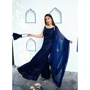 Conjunto de traje de gasa de algodón Chikankari azul marino para mujer, talla XS - Product Image 1