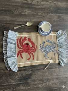 Rustic Embroidered Crab Table Runner With Anchor Ruffle Edge Washable Home Decor - Product Image 3