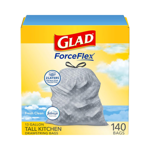 Glad ForceFlex Tall Kitchen Drawstring Trash <b>Bags</b>, 13 Gal, Fresh Clean, 140 Ct (Package May Vary) - Product Image 1