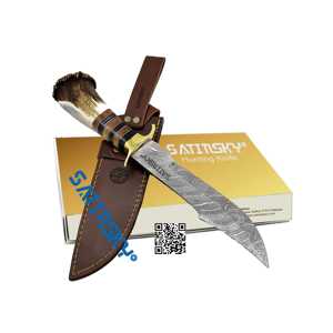 Couteau de chasse damas 14.50 "en manche de cerf avec gaine à haute teneur en carbone 1095 + 15N20 Source d'alimentation manuelle - Product Image 1