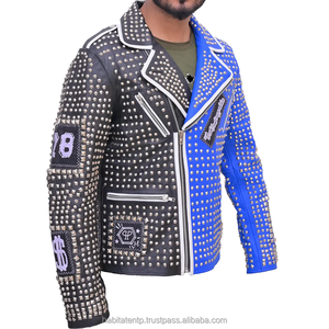 Nuevo azul negro Punk chaquetas tachonado Biker cinturón cuello Spikes cintura cinturón motocicleta chaqueta para hombres tienda en línea - Product Image 4