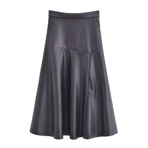 Women's High Waist A-Line Faux Leather Midi <b>Skirt</b> Solid Color Elegant Zipper Back Design All Seasons Wear - Product Image 3