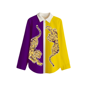 Women's Casual Patchwork Game Day Shirts Front Tiger Embroidered Simple Cotton Long Sleeve Turn-down Collar Breathable Shirt - Product Image 1