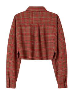 Chemisier court personnalisé à carreaux rouges pour femme, col rabattu, manches longues, boutonné, style décontracté, fabrication sur mesure - Product Image 5