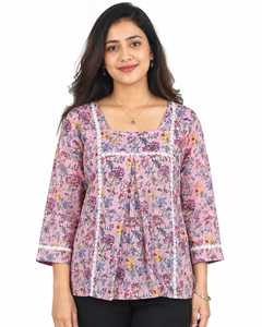 Leranath Fashion Floral Digital Print Cotton Recycled Materials Sleeveless Indian <b>Top</b> Women Casual Pullover Blouse Pom Pom Hem - Product Image 2