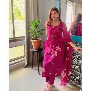Magnifique ensemble haut et bas en tissu mousseline 100 % polyester rose foncé, taille XS, avec dupatta, idéal pour les soirées - Product Image 1