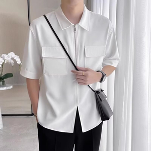 เสื้อเชิ้ตผู้ชายแขนสั้นคอปกแบบพับได้ ผ้าลินินเนื้อดี ทรงเข้ารูป สไตล์ธุรกิจ สำหรับฤดูใบไม้ผลิ  แบบซิปครึ่งตัว  แฟชั่นสำหรับผู้หญิง - Product Image 2