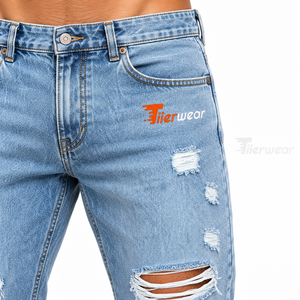 <b>Men</b> High Quality Ripped Distressed Denim <b>Jeans</b> Straight <b>Fit</b> Casual Light Blue Cotton Breathable Summer Style denim Pants - Product Image 5