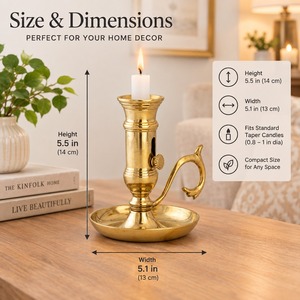 Gold Brass Chamberstick <b>Candle</b> Holder Handled Taper Stand Adjustable Height Slider Round <b>Dish</b> Base Tabletop Centerpiece Decor - Product Image 5