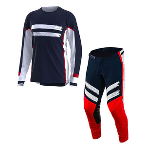 Ensemble de Vêtements de Motocross Bleu Marine pour Hommes – Maillot et Pantalon MX avec Motif Brossé Rouge et Blanc – Vêtements de Course Tout-Terrain OEM - Product Image 1