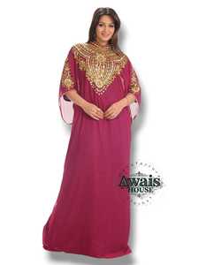 Robe caftan abaya en mousseline de soie pour femmes, simple et élégante, col montant, manches longues, broderie de sequins unie - Product Image 3